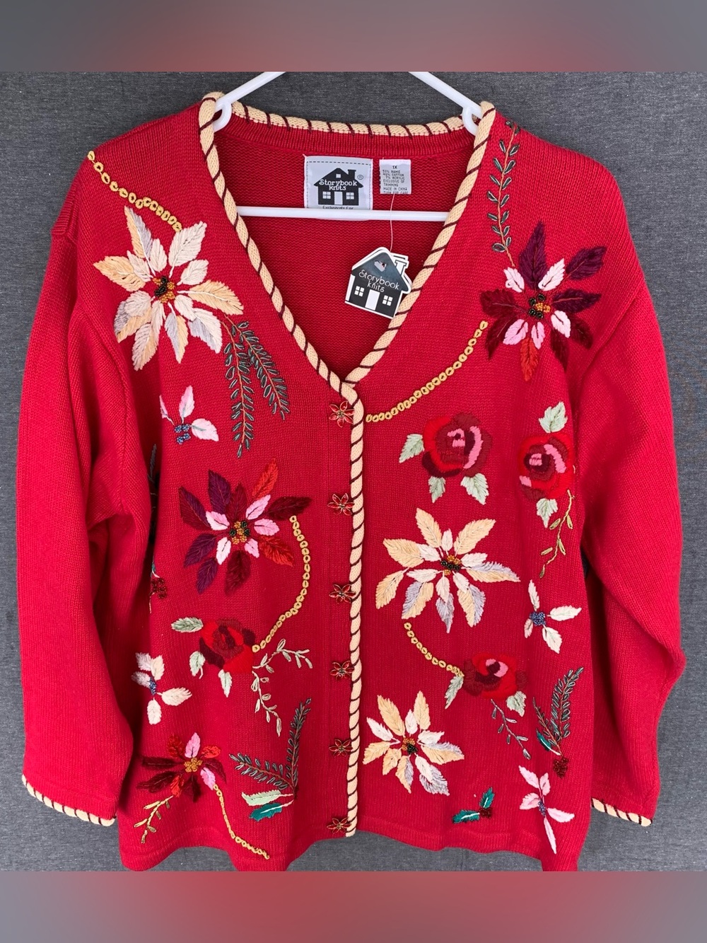 🆕 Storybook Knits Red Floral Embroidered V-Neck Sweater Cardigan Flowers Size 1X